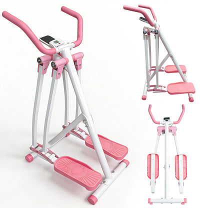 Three angles of the AirGlide Elliptical Trainer in pink and white on a white background