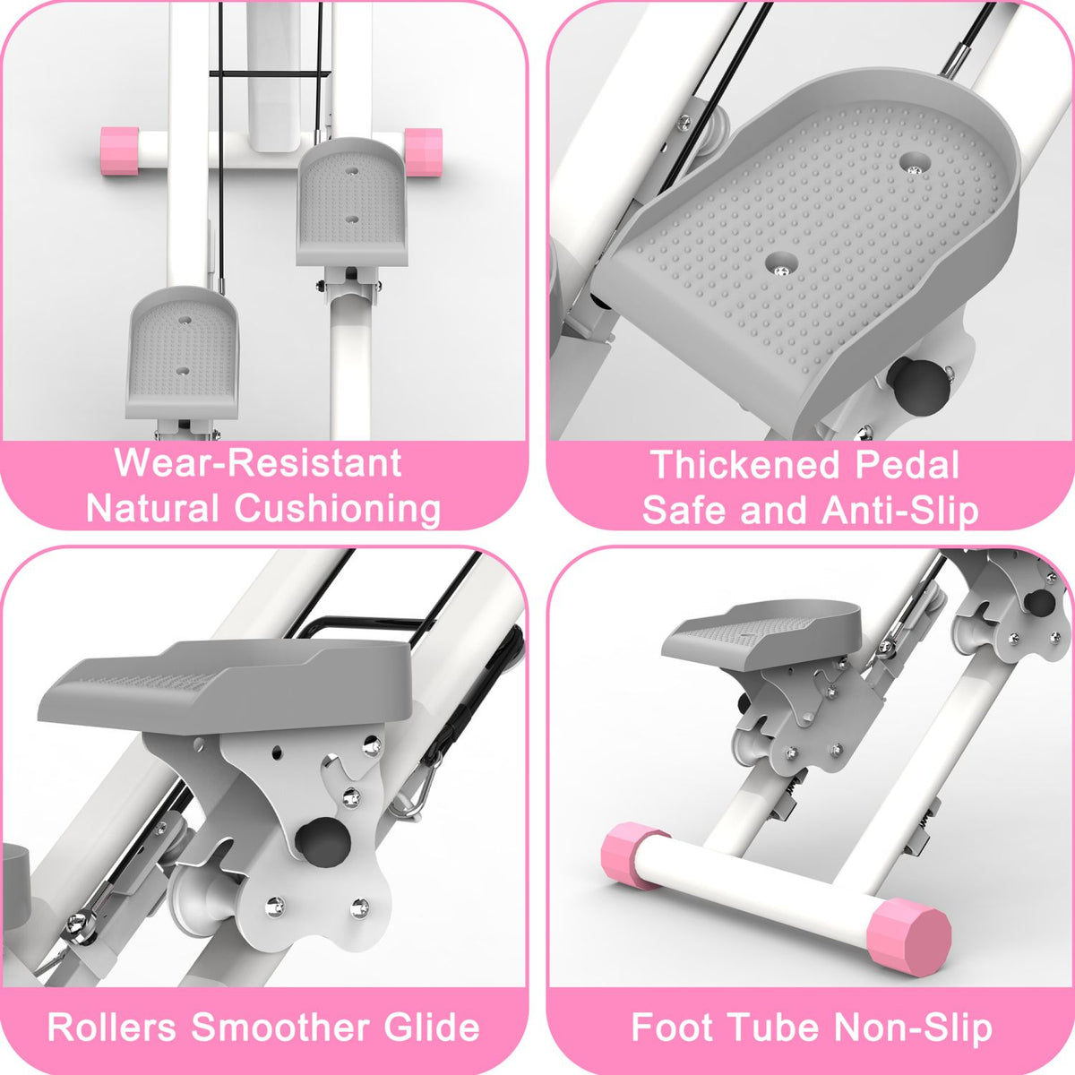 Four close-up detail shots highlighting the non-slip cushioned pedals, smooth-glide rollers, and non-slip foot tube caps.