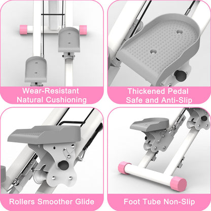 Four close-up detail shots highlighting the non-slip cushioned pedals, smooth-glide rollers, and non-slip foot tube caps.