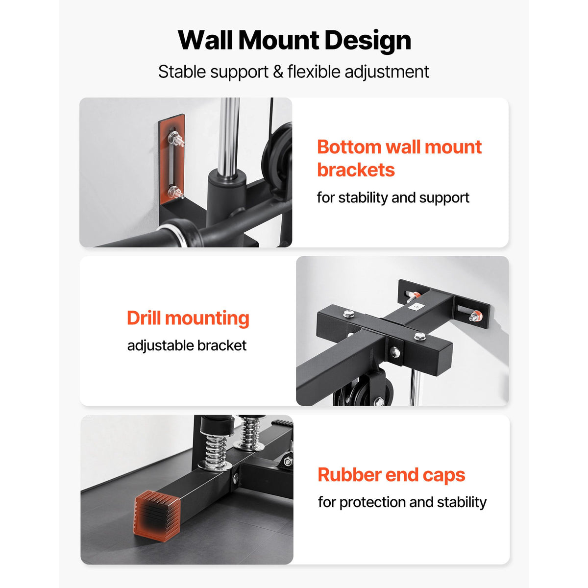 Infographic showing the wall mount design: bottom wall mount brackets, drill-mounted adjustable bracket, and rubber end caps for stability.